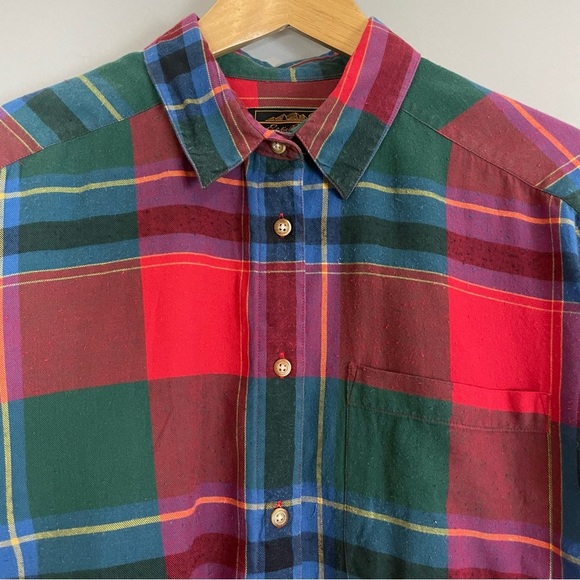 Vintage Eddie Bauer Plaid Shirt Button-Up Women Red Blue Green Sz Large Preloved - Picture 1 of 10